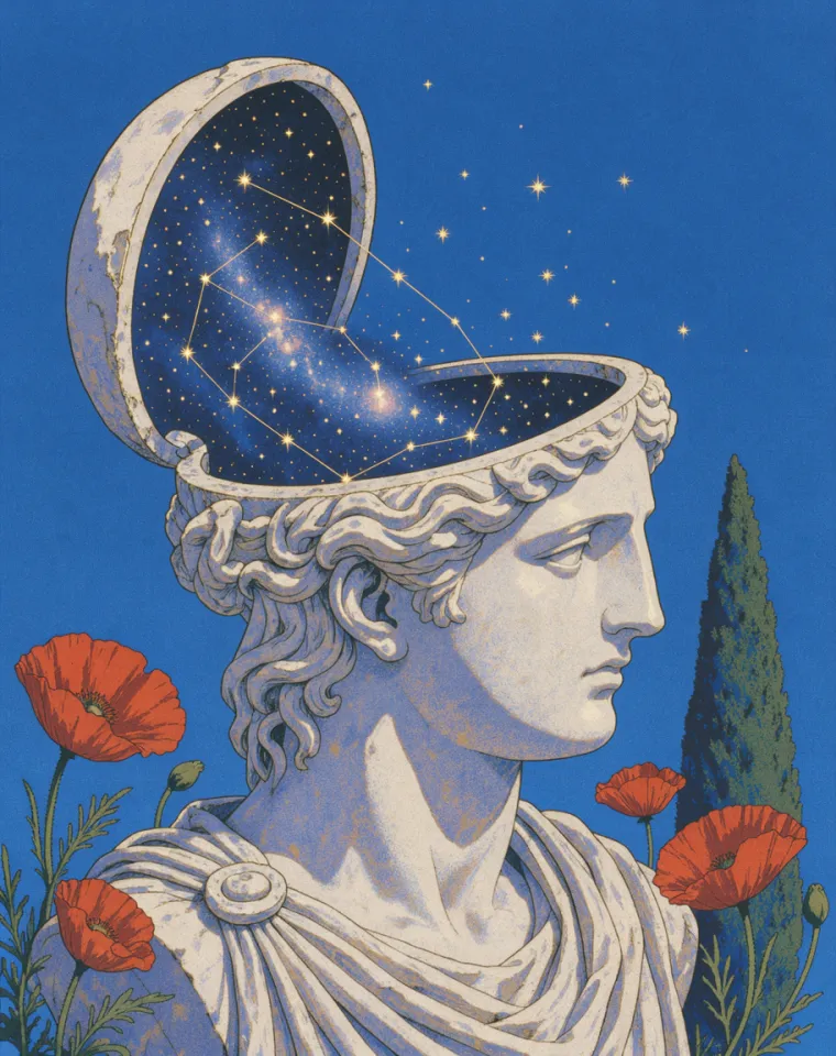 A marble bust whose head opens into a starry sky