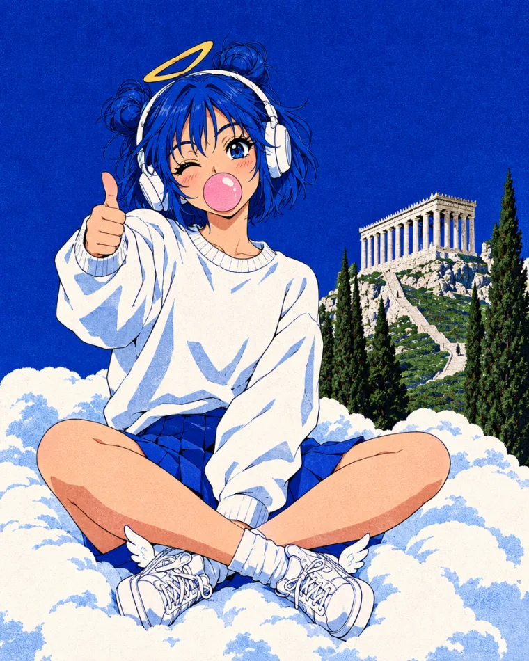 The girl on a cloud with headphones, blowing a bubble