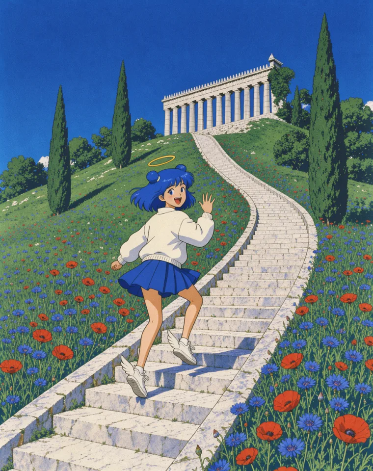 The blue-haired girl skipping up white marble stairs through a field of poppies