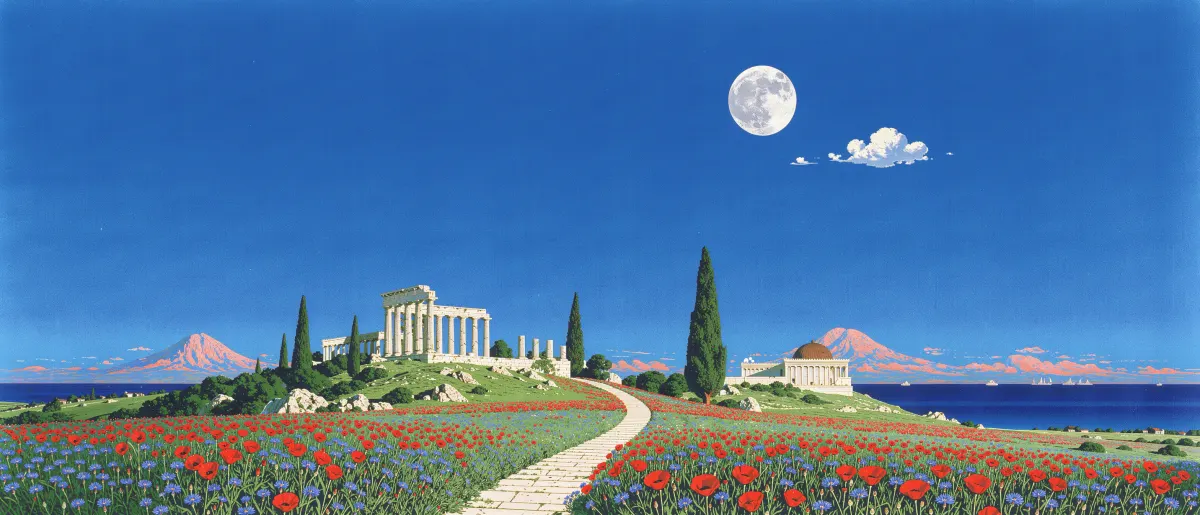 A white marble temple on a hill above a field of poppies