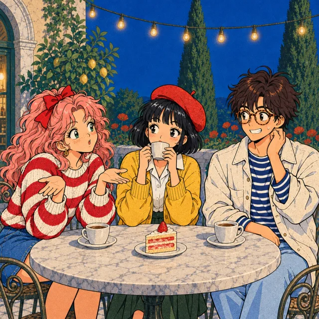 Rosa back at the table asking a question, Mei sipping coffee innocently