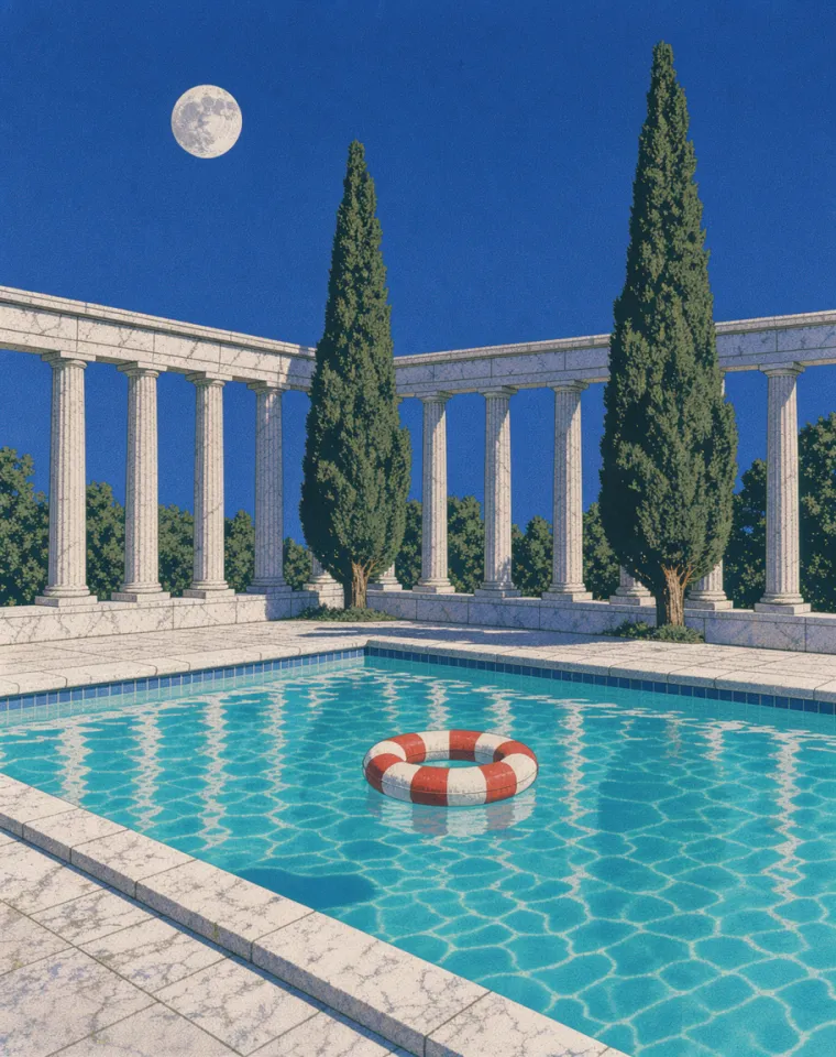 An empty marble pool at night under a full moon